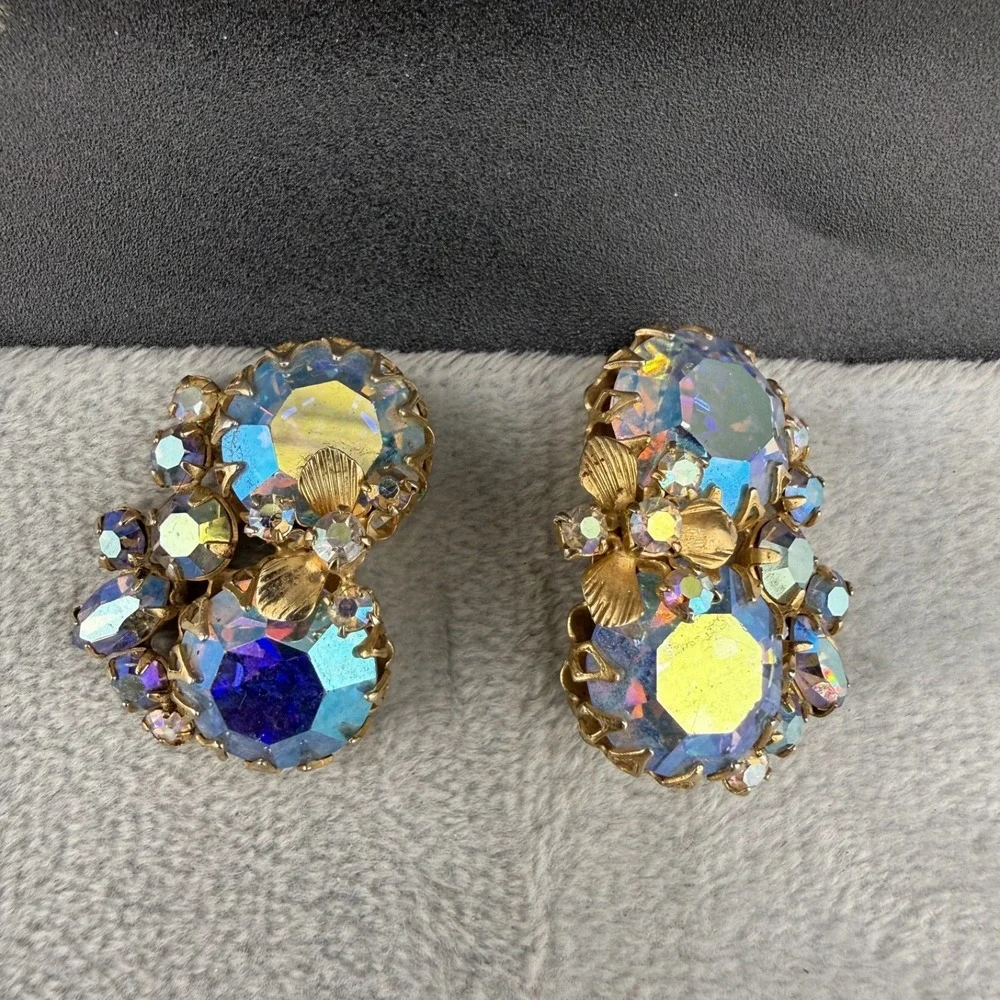 Vintage Alice Caviness Clip On Earrings ONE MISSING BACK Gold Tone AB Rhinestone